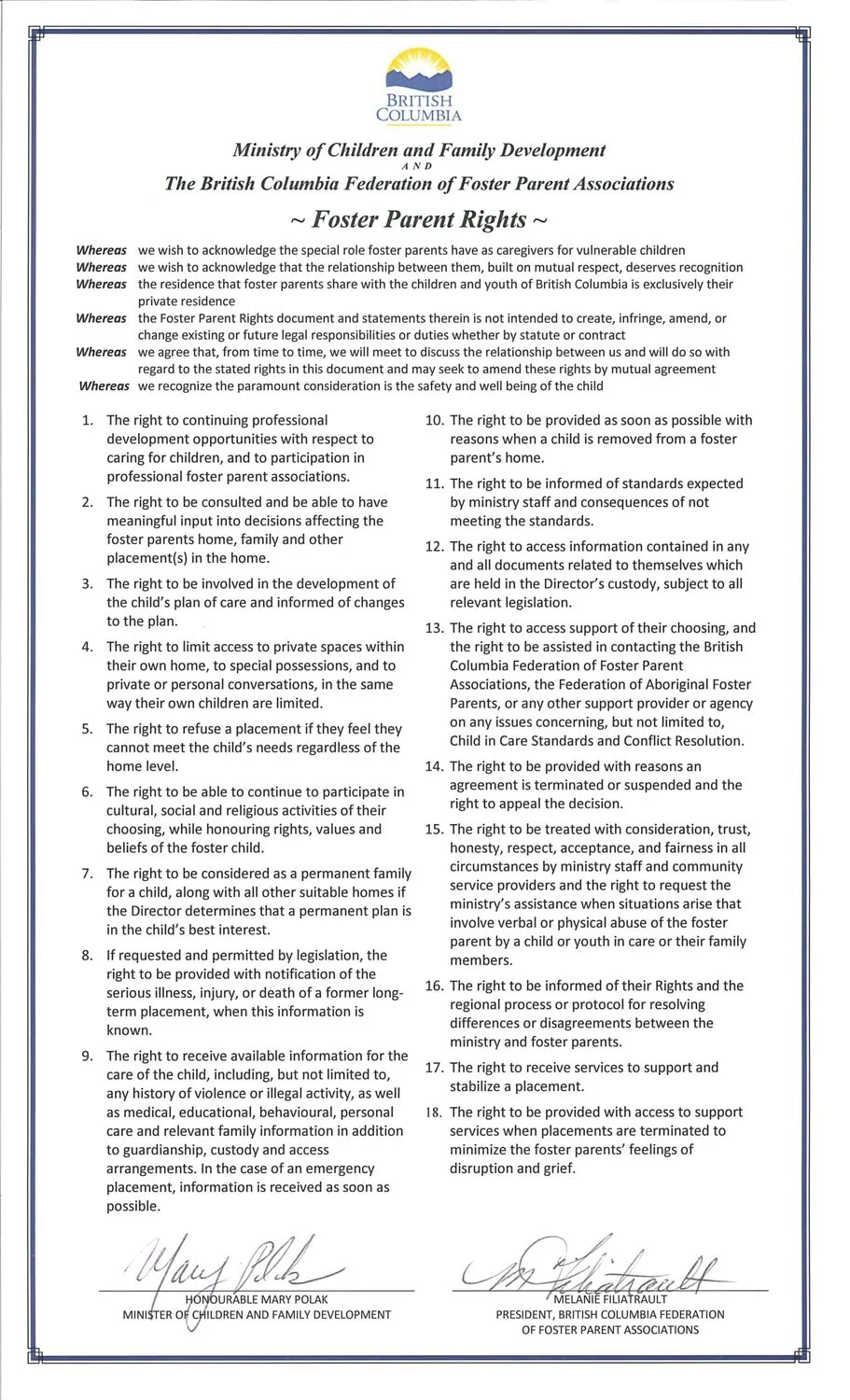 Foster Parent Rights document from the British Columbia Ministry of Children and Family Development and the British Columbia Federation of Foster Parent Associations.